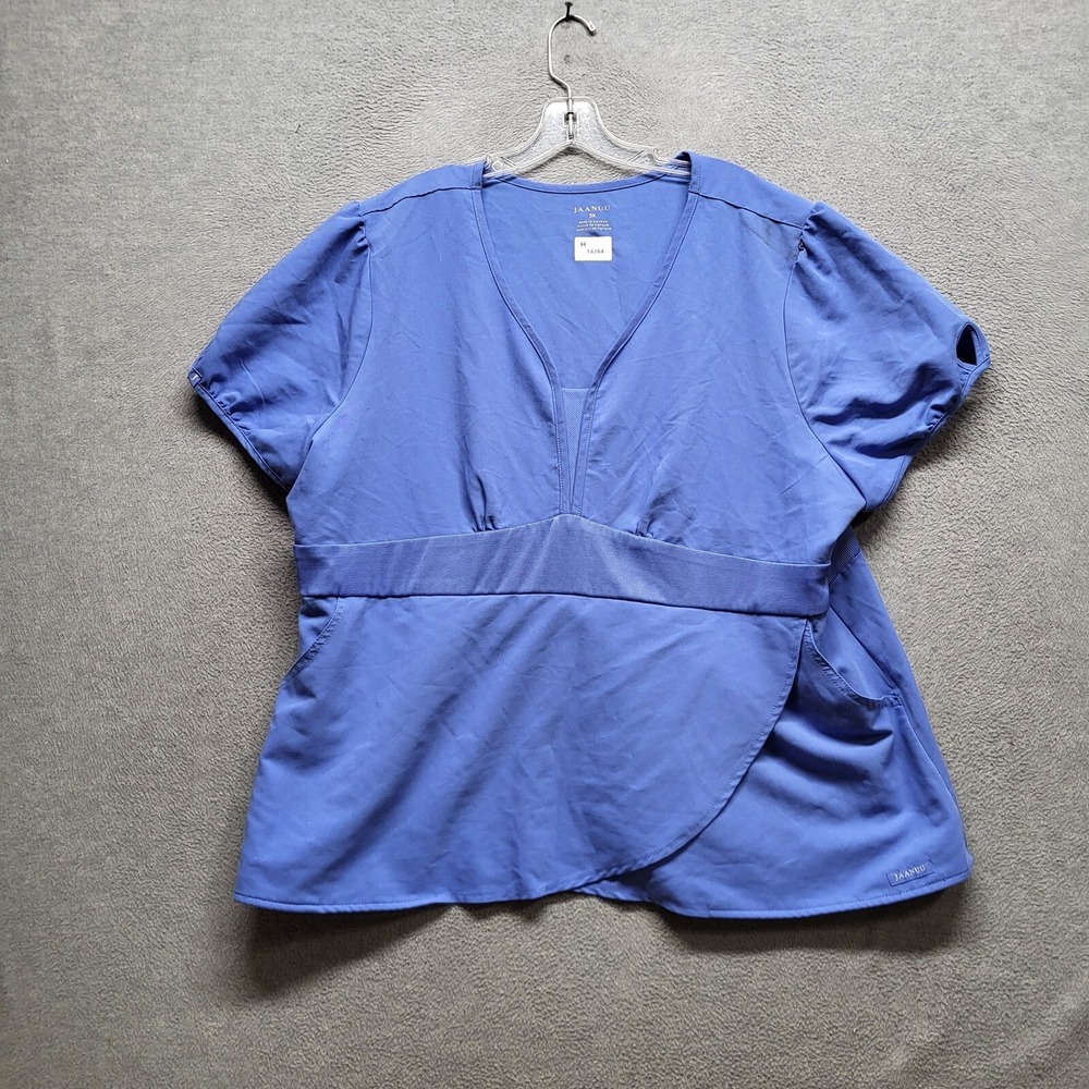 Jaanuu Women Scrub Top 3X‎ Blue Keyhole Sleeve Tulip Faux Wrap Short Sleeve